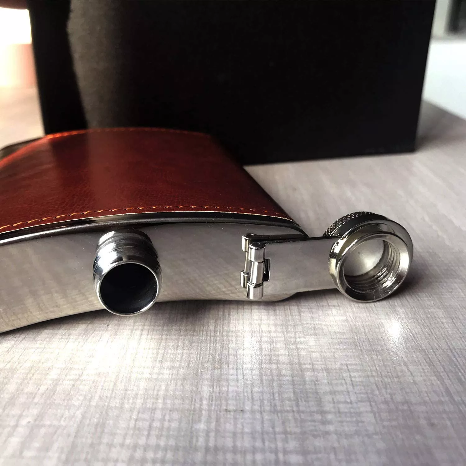 Stainless Steel Hip Flask Gift Set Brown Leather with 2 Cups and Funnel - Image 3