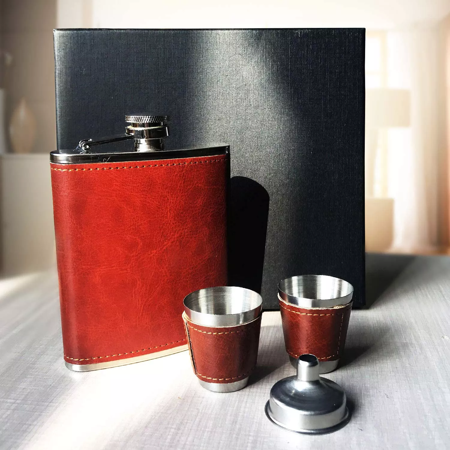 Stainless Steel Hip Flask Gift Set Brown Leather with 2 Cups and Funnel - Image 4
