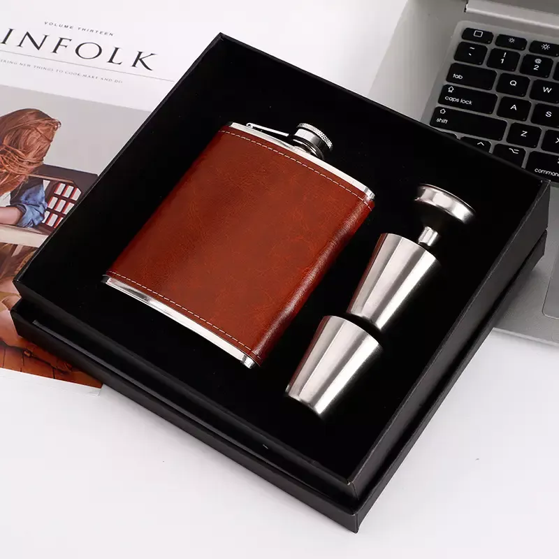Stainless Steel Hip Flask Gift Set Brown Leather with 2 Cups and Funnel - Image 5
