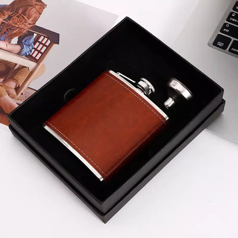Stainless Steel Hip Flask Gift Set Brown Leather with 2 Cups and Funnel - Image 6
