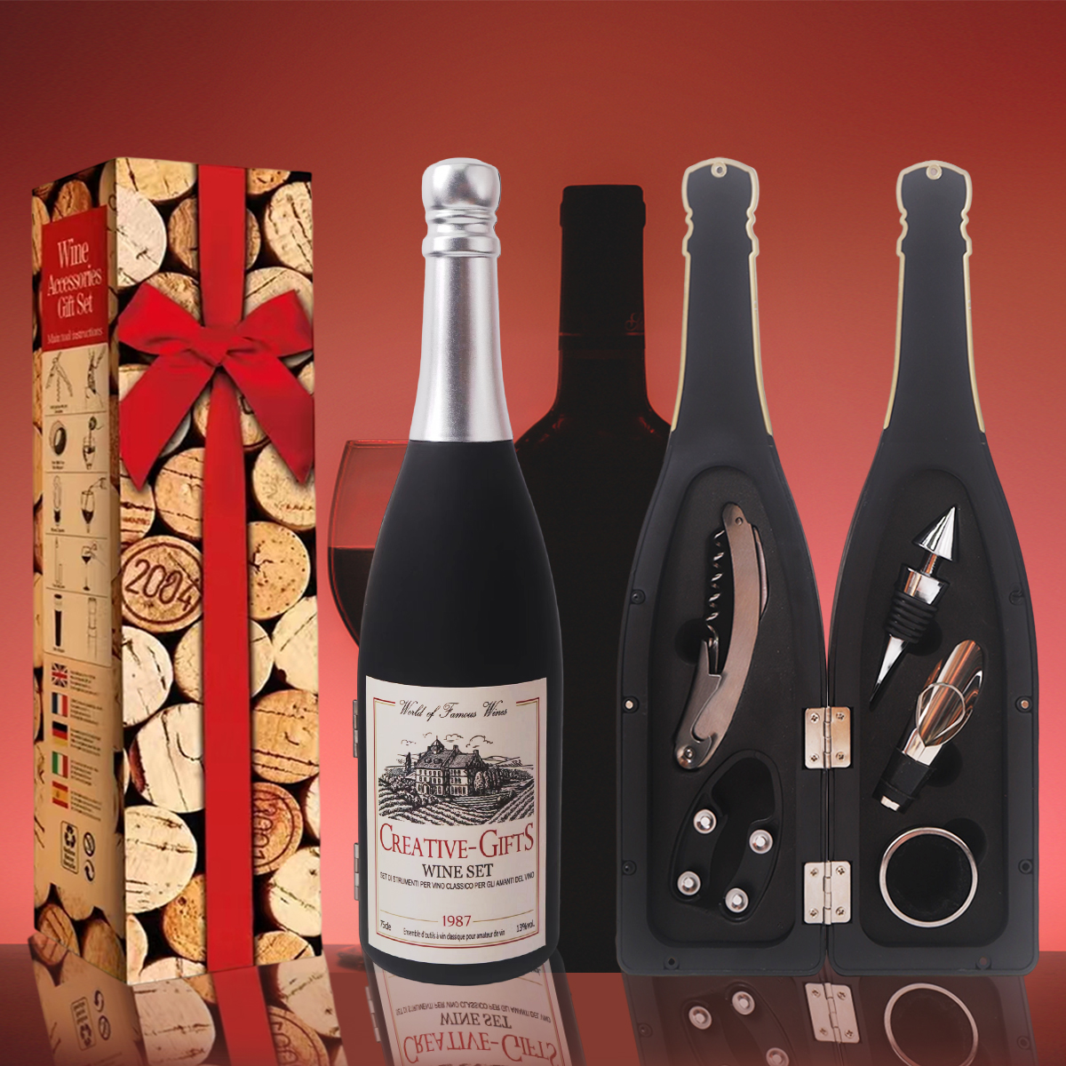 Newest Burgundy Bottle Shaped Wine Opener Gift Set - Image 3